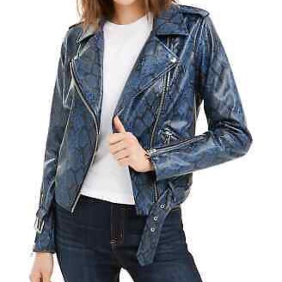 Calvin Klein Jeans Faux Leather Python Print Womens Moto Jacket XL - Picture 1 of 9